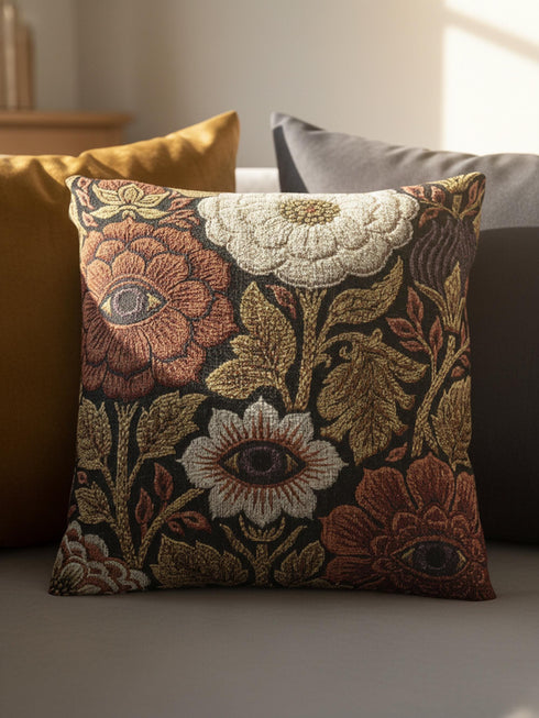 A square woven throw pillow featuring a surreal botanical design on a solid black background. The tapestry-style fabric showcases large, detailed flowers in shades of rust red, cream, and olive green. Nestled within the center of each prominent blossom is a detailed, human-like eye with a dark plum iris, creating a striking evil eye motif. The interwoven threads give the pillow a rich, textured appearance. The pillow is fully stuffed and sewn closed, presenting a smooth, seamless edge.