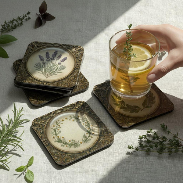 Set of four square hardboard coasters featuring high-gloss flat printed designs. Each coaster displays a trompe-l'oeil illusion of an ornate, antique brass frame with scrollwork and cherub corners. Inside the faux metal frames are detailed printed images of pressed botanicals on a cream background. The botanical prints include a purple lavender sprig, a bay leaf wreath, a chamomile wreath, and a leafy herb sprig. The entirely flat 2D surface mimics the 3D depth of framed dried botanicals.