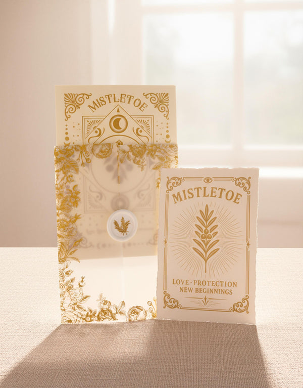 A Grimoire & Goblet luxury Mistletoe ritual card set. The 5x7 cream greeting card features gold celestial designs framing “Mistletoe” and “Love, Protection & New Beginnings.” Shown with a vellum wrap printed in gold florals, a white wax seal with mistletoe, and a premium envelope. Includes a 4x6 ritual insert on handmade deckled paper titled “Ritual for Peace and Protection.” A spiritual Yule stationery set designed as a luxurious unboxing experience.