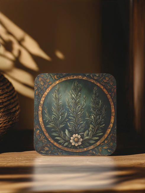 Set of four 4x4 inch square coasters featuring an enchanted floral design titled “Love’s Garden.” Each coaster showcases a romantic garden motif with soft botanical illustrations in warm, earthy tones. Made of durable materials with a smooth finish, ideal for protecting surfaces in mystical or romantic spaces.