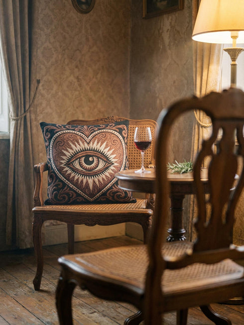 Square jacquard woven throw pillow measuring 17 by 18 inches. The design features a large central heart in rust and terracotta framing a detailed, unblinking eye with a black pupil, surrounded by cream colored jagged radiating rays. The solid black background is accented in the corners by ornate, curling cream botanical scrolls. Interlocking threads create a highly textured tapestry cloth, woven identically on the front and back faces, finished with a cleanly sewn closed edge.