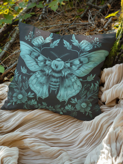A decorative pillow cover featuring a large Luna moth illustration in seafoam green on a smoke gray background, surrounded by botanical flourishes and flowers in a symmetrical design.