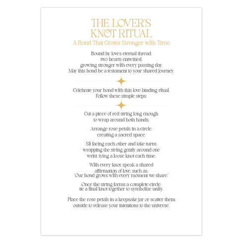 Luxury ritual card featuring gold Art Deco design on deep green with mirrored spirits sharing flame. Contains love binding ceremony with red string ritual. Ideal wedding or romantic gift for couples seeking spiritual connection.