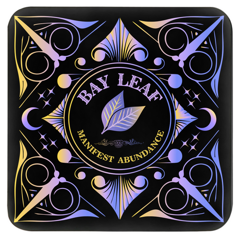 A 4-piece wealth-themed coaster set featuring intricate, gold and black designs with iridescent accents. Each coaster is dedicated to a different herb or spice, including basil, bay leaf, cinnamon, and mint, each symbolizing prosperity, abundance, riches, and wealth. The designs feature celestial motifs and geometric patterns, adding a mystical and luxurious touch to the coasters.