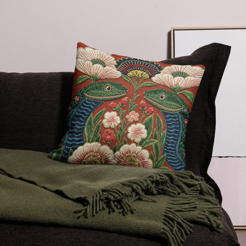 A square throw pillow cover featuring a maximalist botanical serpent illustration in a moody dark academia style. The design depicts a detailed snake with intricate scales winding through a lush arrangement of vintage-style flowers and nocturnal foliage. The color palette is dominated by deep forest greens, muted charcoal, and earthy floral tones, creating a psychedelic yet sophisticated aesthetic. This high-quality polyester cushion cover has a smooth, flat texture and a concealed zipper for a seamless fin