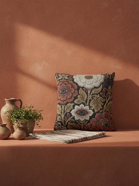A square woven throw pillow featuring a surreal botanical design on a solid black background. The tapestry-style fabric showcases large, detailed flowers in shades of rust red, cream, and olive green. Nestled within the center of each prominent blossom is a detailed, human-like eye with a dark plum iris, creating a striking evil eye motif. The interwoven threads give the pillow a rich, textured appearance. The pillow is fully stuffed and sewn closed, presenting a smooth, seamless edge.
