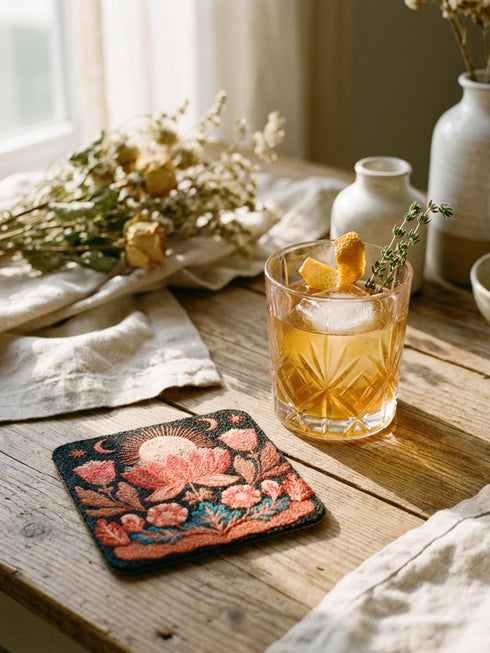 A Grimoire and Goblet drink coaster featuring a rustic faux burlap texture print. The coaster displays a gothic botanical design in dark charcoal ink on a tan jute-like polyester background. The smooth fabric surface mimics a woven look. Ideal for Dark Academia decor and protecting tables from spills. The design includes a central motif with vintage styling.