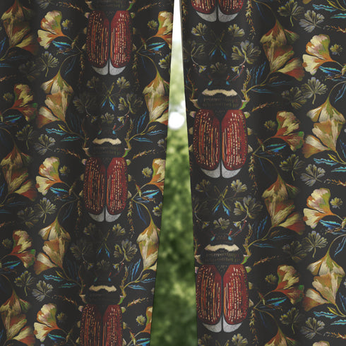 A single panel blackout curtain with a luxurious, moody design. The pattern features large, reddish-orange beetles and metallic gold ginkgo leaves against a dark charcoal background. This Gothic and Victorian-inspired window treatment is perfect for Dark Academia or Maximalist decor, offering room-darkening properties while serving as a bold piece of entomology and botanical art for a library, bedroom, or living room.
