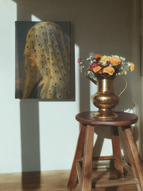 A rectangular matte canvas art print featuring a surrealist portrait of a woman in profile against a dark, cloudy sky. Her face is obscured by a delicate, translucent veil adorned with a repeating pattern of blue and gold all-seeing eyes. Several eyes are shedding deep blue tears that drip down the fabric. The artwork employs a classical, painterly style with a moody palette of blues, golds, and deep shadows, evoking a gothic and enigmatic atmosphere.