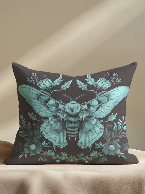 A decorative pillow cover featuring a large Luna moth illustration in seafoam green on a smoke gray background, surrounded by botanical flourishes and flowers in a symmetrical design.