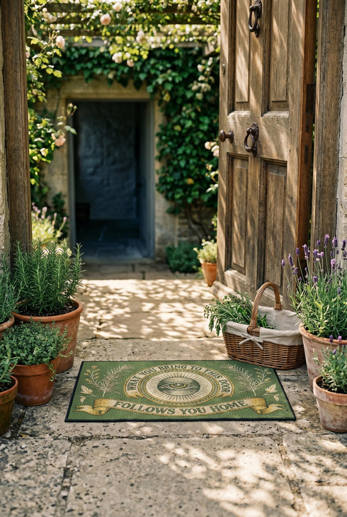 A rectangular doormat featuring a printed faux embroidery design on a muted olive green background. The symmetrical artwork centers on an all-seeing eye inside a circular medallion with a radiating sunburst pattern. An antique gold banner curves above reading WHAT YOU BRING TO THIS DOOR. A matching banner below reads FOLLOWS YOU HOME. The central eye is flanked by detailed botanical fern fronds and delicate wildflowers. The mat is finished with a sleek black fabric border trim.