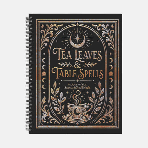 Spiral-bound recipe journal with a black cover and a metallic gold and silver design. The front reads Tea Leaves and Table Spells, Recipes for Sips, Sweets and Small Magic, framed by an arch, a crescent moon and star, moon phases, botanical sprigs, and a steaming teacup. The wire-O binding runs along one edge. Inside are blank fill-in recipe pages with lines for the recipe name, kitchen of origin, prep and cook time, servings, ingredients, and instructions.