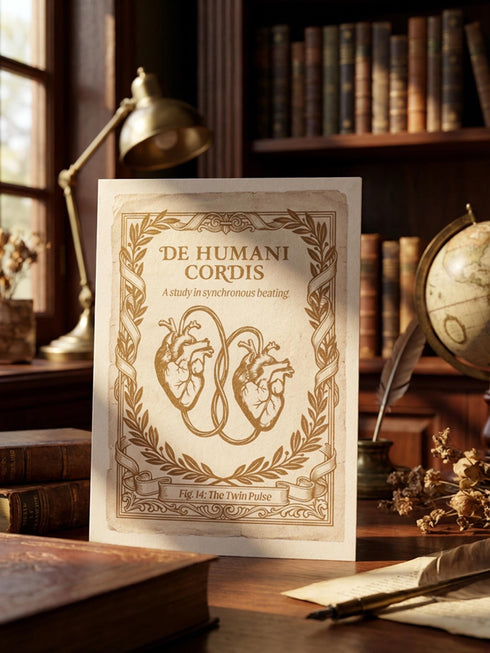 A vintage-style greeting card titled "DE HUMANI CORDIS" featuring a medical illustration of two anatomical hearts connected by a single looped blood vessel. The hearts are drawn in a sepia and crimson woodcut style on a cream background mimicking aged parchment. Text below reads "Fig. 14: The Twin Pulse." The card evokes a dark academia or cottagecore aesthetic. Inside text reads "Two different beats, one shared rhythm.