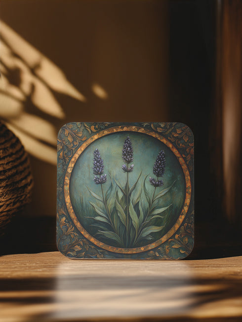 Set of four 4x4 inch square coasters featuring an enchanted floral design titled “Love’s Garden.” Each coaster showcases a romantic garden motif with soft botanical illustrations in warm, earthy tones. Made of durable materials with a smooth finish, ideal for protecting surfaces in mystical or romantic spaces.