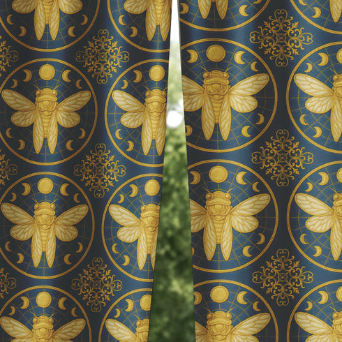 A single panel of a heavyweight blackout curtain with a rich, satiny texture. The design features a repeating pattern of large, golden cicadas, each framed within a celestial moon phase circle on a dark charcoal background. This moody entomology and lunar art is ideal for Dark Academia, Gothic, and Witchy interior aesthetics, providing both a dramatic statement piece and functional light-blocking for a bedroom, library, or living room.