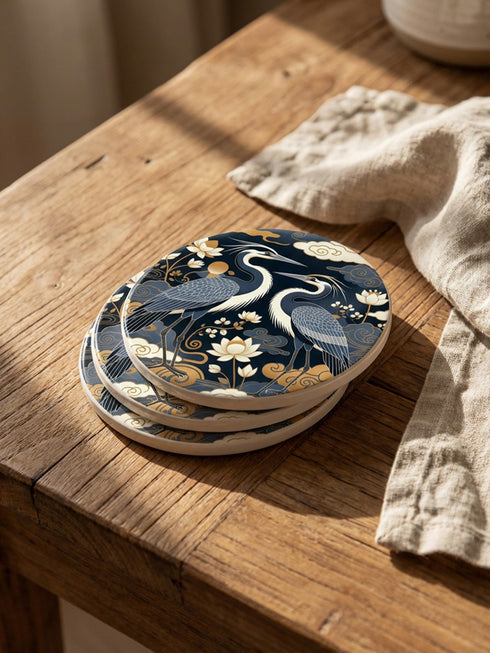 A round 4-inch drink coaster by Grimoire and Goblet. The coaster features a highly reflective glossy top surface displaying two Great Blue Herons, lotus flowers, and stylized clouds in metallic antique gold and slate blue against a solid, deep navy blue background. The edges reveal a natural brown, porous cork backing underneath. The intricate design resembles vintage Chinoiserie and botanical natural history art, perfectly suited for protecting tables from beverages.