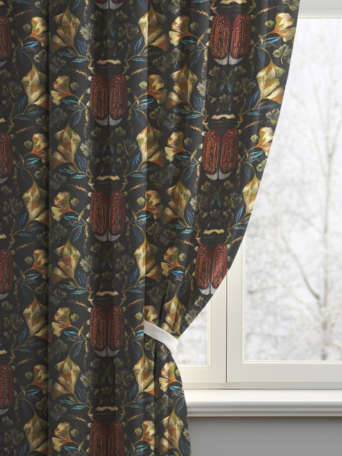 A single panel blackout curtain with a luxurious, moody design. The pattern features large, reddish-orange beetles and metallic gold ginkgo leaves against a dark charcoal background. This Gothic and Victorian-inspired window treatment is perfect for Dark Academia or Maximalist decor, offering room-darkening properties while serving as a bold piece of entomology and botanical art for a library, bedroom, or living room.