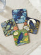Grimoire and Goblet set of 4 glossy square coasters featuring Chinoiserie style raven illustrations. 1: Navy blue with blue floral pattern and raven. 2: Navy background with black raven, white full moon, and red berries. 3: Moss green background with blue bird and yellow chrysanthemums. 4: Black background with teal-winged raven and red peonies. MDF hardboard with cork backing. Flat vector botanical art style.