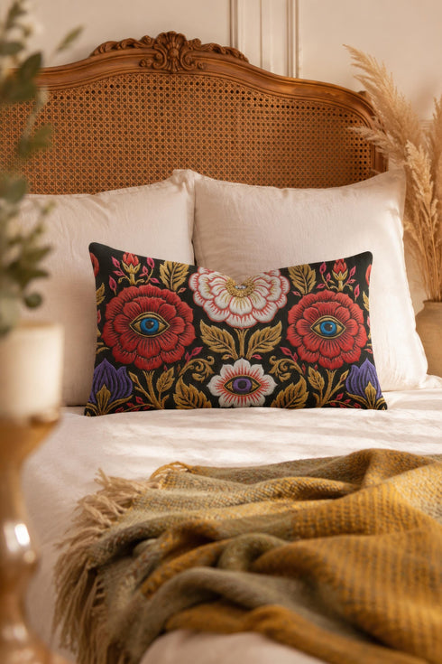 Evil eye lumbar pillow cover in black featuring a symmetrical folk art floral print. Two crimson red roses hold bright blue eyes at their centers, a white blossom below cradles a violet purple eye, and antique gold leaves, scrollwork, and pink buds frame the design. Purple tulips anchor the lower corners. Rectangular 20 x 12 inch cushion case with a hidden zipper and the double sided embroidered look design printed on smooth, soft, linen feel polyester fabric.