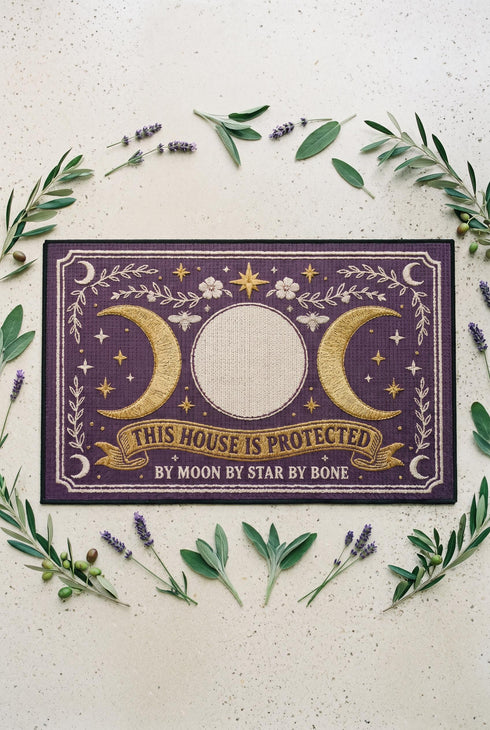 A rectangular doormat featuring a printed faux embroidery design on a deep plum purple background. The symmetrical artwork centers on a large cream full moon flanked by two golden crescent moons, creating a Triple Moon symbol. Above the moons are gold stars, cream flowers, and two small bees. Below, a golden scroll banner reads "THIS HOUSE IS PROTECTED" with "BY MOON BY STAR BY BONE" underneath. The mat is framed by cream leafy vines and finished with a black fabric border trim.