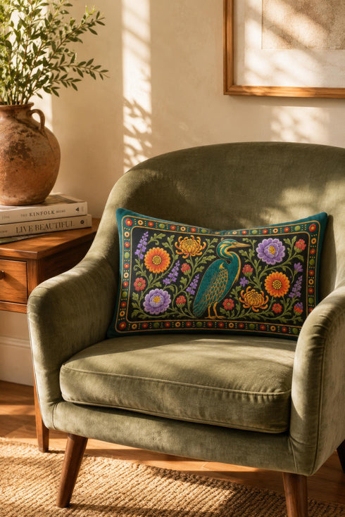 Heron lumbar pillow cover featuring a teal wading bird with gold detailing standing among orange marigolds, golden chrysanthemums, purple peonies, lavender sprigs, and coral red blooms with green foliage on a deep green black panel. A teal border with gold rope trim and a folk style band of red rosettes frames the design. Rectangular 20 x 12 inch cushion case with hidden zipper, the same tapestry look design printed on both sides in smooth, linen feel polyester fabric.