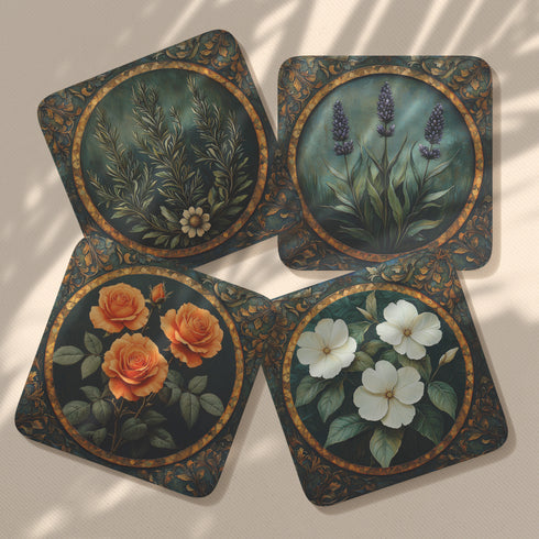 Set of four 4x4 inch square coasters featuring an enchanted floral design titled “Love’s Garden.” Each coaster showcases a romantic garden motif with soft botanical illustrations in warm, earthy tones. Made of durable materials with a smooth finish, ideal for protecting surfaces in mystical or romantic spaces.
