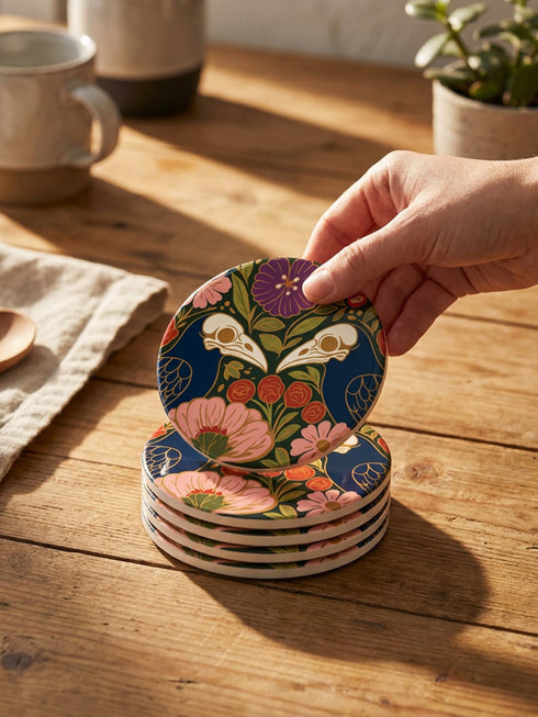 A square drink coaster with a high-gloss finish and natural cork backing. The centralized, symmetrical design features two detailed, cream-colored avian bird skulls facing inward. They are framed by lush botanical flora, including a large purple flower, blush pink blooms, rust-red roses, and green ferns, all set against a deep navy blue background with gold linework accents. Functional gothic, whimsigoth, and dark academia drinkware designed by the Grimoire and Goblet brand.