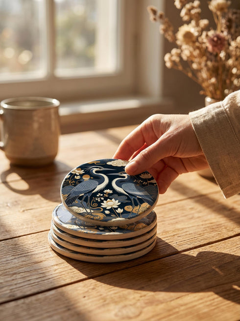 A round 4-inch drink coaster by Grimoire and Goblet. The coaster features a highly reflective glossy top surface displaying two Great Blue Herons, lotus flowers, and stylized clouds in metallic antique gold and slate blue against a solid, deep navy blue background. The edges reveal a natural brown, porous cork backing underneath. The intricate design resembles vintage Chinoiserie and botanical natural history art, perfectly suited for protecting tables from beverages.