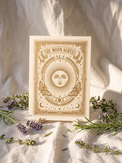 Grimoire and Goblet greeting card featuring a vintage woodcut style illustration of a radial sun with a serene human face. The sun is flanked by two Luna moths and sits above a Triple Moon symbol. A banner above reads THE MOON AGREES in gothic font. Printed in burnished gold tones on cream paper. Interior text reads Yours in this lifetime and the next. Dark Academia and Whimsigoth aesthetic stationery 5x7 card with matching envelope for gothic romance or altar decor.