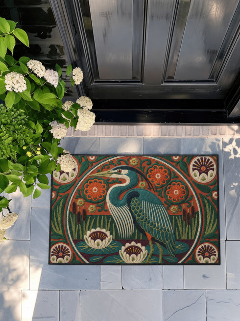 Rectangular low profile doormat printed with a faux embroidery effect that mimics raised crewel stitching. A tall teal blue heron stands at the center among olive green reeds, cattails, and cream water lilies. The rust orange ground is filled with curving botanical vines and small floral medallions, framed by a thin circular border with decorative sunburst corners. A sleek solid black rubber trim finishes all four edges of the one sided print.