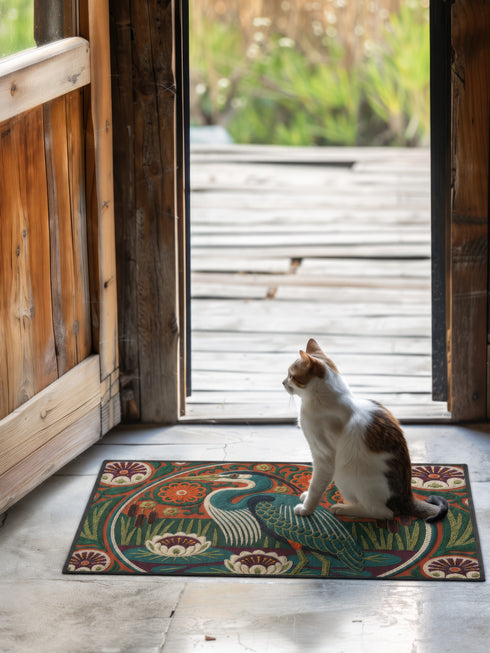 Rectangular low profile doormat printed with a faux embroidery effect that mimics raised crewel stitching. A tall teal blue heron stands at the center among olive green reeds, cattails, and cream water lilies. The rust orange ground is filled with curving botanical vines and small floral medallions, framed by a thin circular border with decorative sunburst corners. A sleek solid black rubber trim finishes all four edges of the one sided print.