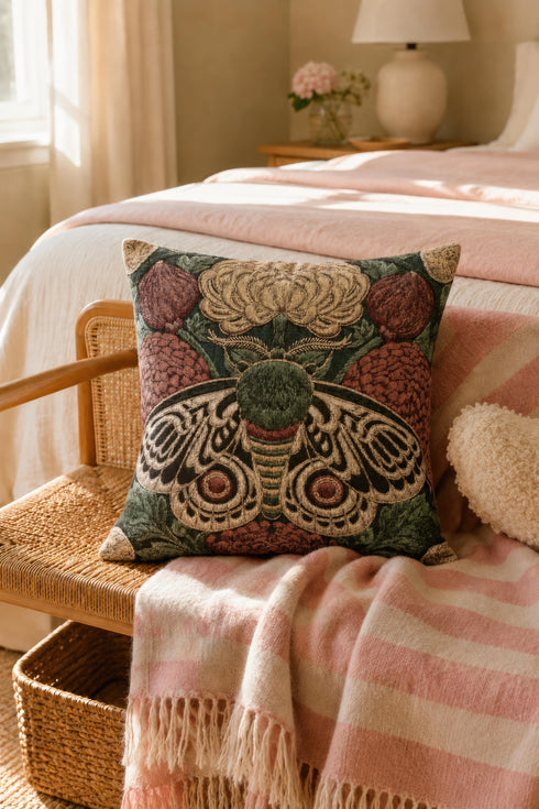 Square 17 by 18 inch jacquard woven throw pillow, woven identically on both faces and closed with a clean sewn edge. A symmetrical emperor moth with wings detailed in black, warm gold, and deep burgundy red spreads across the center of a dark forest green ground. A large golden yellow flower blooms above the moth and burgundy floral buds sit on either side among woven botanical sprays. The design is woven flat into the cotton blend cloth with visible thread texture.