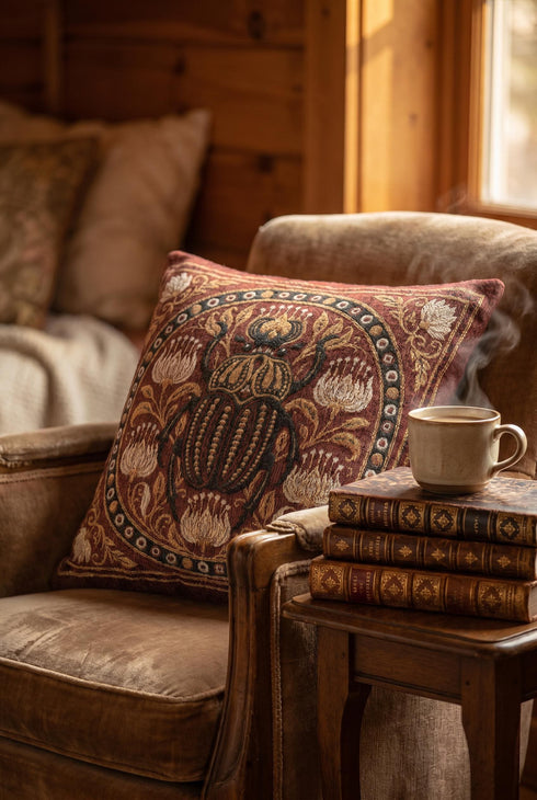 Square 17 by 18 inch jacquard woven throw pillow, woven identically on both faces and closed with a clean finished edge. A large detailed scarab beetle in black, gold, and dark brown sits at the center inside a dotted circular border, surrounded by symmetrical Art Nouveau vines and cream lotus flowers on a rust red ground. Small white floral motifs sit in each corner. The design is woven flat into the cotton blend cloth, with visible thread texture and a soft sheen in the ground.