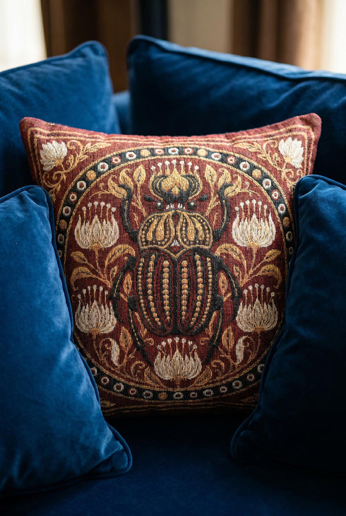 Square 17 by 18 inch jacquard woven throw pillow, woven identically on both faces and closed with a clean finished edge. A large detailed scarab beetle in black, gold, and dark brown sits at the center inside a dotted circular border, surrounded by symmetrical Art Nouveau vines and cream lotus flowers on a rust red ground. Small white floral motifs sit in each corner. The design is woven flat into the cotton blend cloth, with visible thread texture and a soft sheen in the ground.