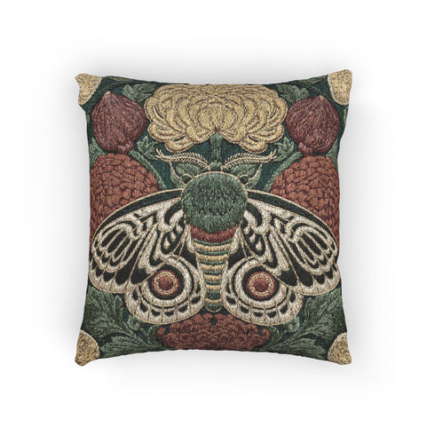 Square 17 by 18 inch jacquard woven throw pillow, woven identically on both faces and closed with a clean sewn edge. A symmetrical emperor moth with wings detailed in black, warm gold, and deep burgundy red spreads across the center of a dark forest green ground. A large golden yellow flower blooms above the moth and burgundy floral buds sit on either side among woven botanical sprays. The design is woven flat into the cotton blend cloth with visible thread texture.