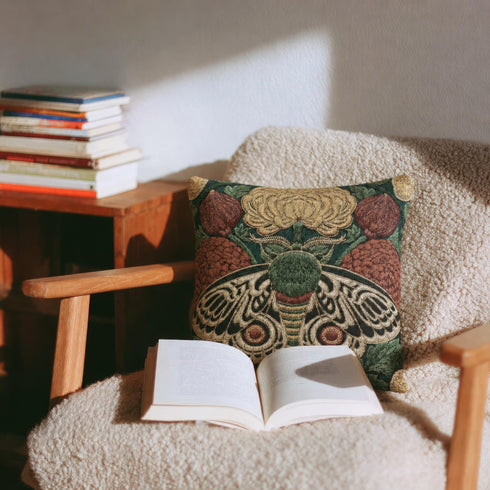 Square 17 by 18 inch jacquard woven throw pillow, woven identically on both faces and closed with a clean sewn edge. A symmetrical emperor moth with wings detailed in black, warm gold, and deep burgundy red spreads across the center of a dark forest green ground. A large golden yellow flower blooms above the moth and burgundy floral buds sit on either side among woven botanical sprays. The design is woven flat into the cotton blend cloth with visible thread texture.