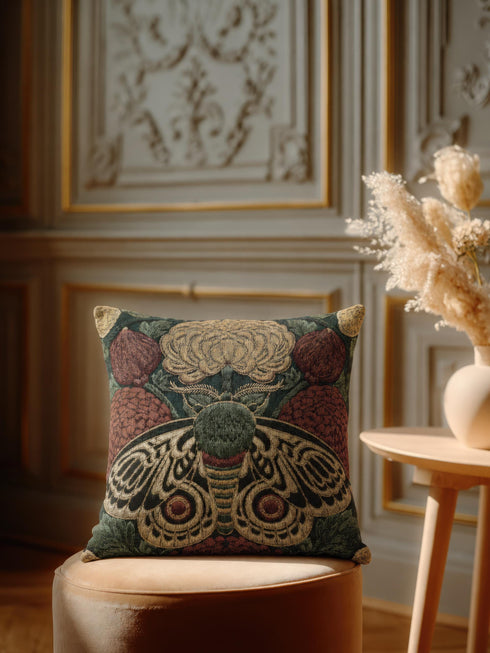 Square 17 by 18 inch jacquard woven throw pillow, woven identically on both faces and closed with a clean sewn edge. A symmetrical emperor moth with wings detailed in black, warm gold, and deep burgundy red spreads across the center of a dark forest green ground. A large golden yellow flower blooms above the moth and burgundy floral buds sit on either side among woven botanical sprays. The design is woven flat into the cotton blend cloth with visible thread texture.