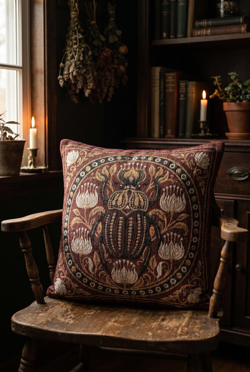 Square 17 by 18 inch jacquard woven throw pillow, woven identically on both faces and closed with a clean finished edge. A large detailed scarab beetle in black, gold, and dark brown sits at the center inside a dotted circular border, surrounded by symmetrical Art Nouveau vines and cream lotus flowers on a rust red ground. Small white floral motifs sit in each corner. The design is woven flat into the cotton blend cloth, with visible thread texture and a soft sheen in the ground.