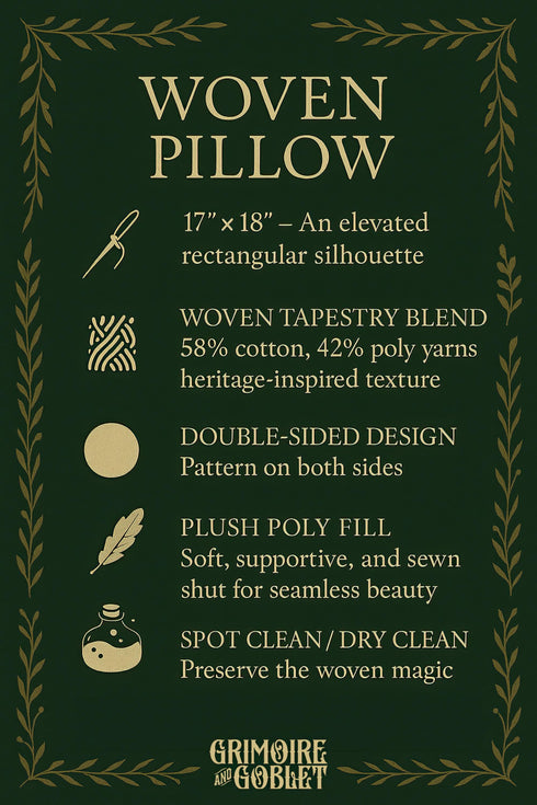 Grimoire and Goblet information card for the woven pillow collection, noting the 17 x 18 inch size, the double sided jacquard weave, the 58 percent cotton and 42 percent polyester face cloth, and the plush polyester fill.