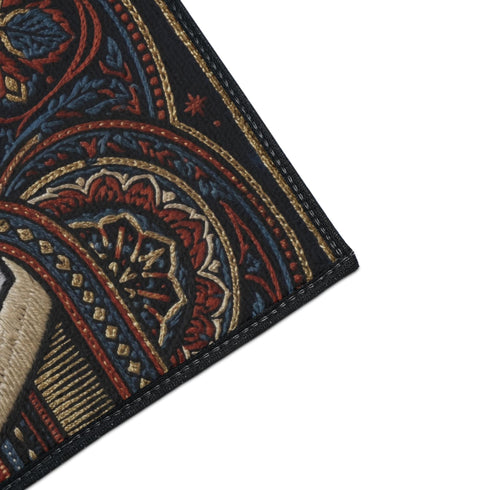 Rectangular navy doormat with a low loop polyester pile and black border trim, printed flat to imitate hand embroidery and crewelwork. Two pale hands offer a golden chalice at the center, with white rays streaming from the cup. Ornate white lettering across the design reads BLESSED BE THE THRESHOLD. Rust red and antique gold Arts and Crafts botanical arches frame the scene, curving over and around the chalice against the deep navy ground.