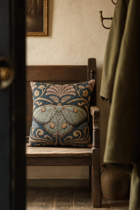 Square 17 by 18 inch jacquard woven throw pillow, woven identically on both faces and closed with a clean finished edge. A symmetrical Art Nouveau luna moth in pale sage green spreads its wings at the center of a deep teal ground. Gold scrollwork, dusty mauve palmette fans, French blue blossoms, and small cream flowers frame the moth. The design is woven flat into the cotton blend cloth, with visible thread texture across the motif and a soft sheen in the ground weave.