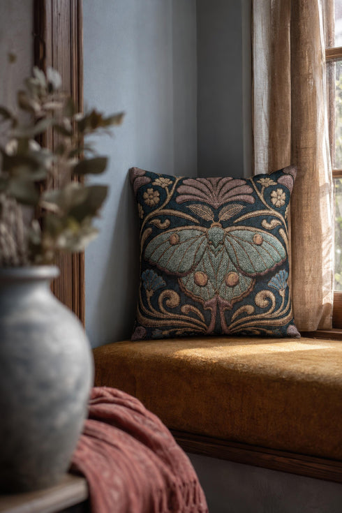 Square 17 by 18 inch jacquard woven throw pillow, woven identically on both faces and closed with a clean finished edge. A symmetrical Art Nouveau luna moth in pale sage green spreads its wings at the center of a deep teal ground. Gold scrollwork, dusty mauve palmette fans, French blue blossoms, and small cream flowers frame the moth. The design is woven flat into the cotton blend cloth, with visible thread texture across the motif and a soft sheen in the ground weave.