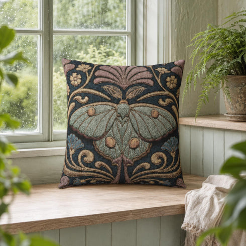 Square 17 by 18 inch jacquard woven throw pillow, woven identically on both faces and closed with a clean finished edge. A symmetrical Art Nouveau luna moth in pale sage green spreads its wings at the center of a deep teal ground. Gold scrollwork, dusty mauve palmette fans, French blue blossoms, and small cream flowers frame the moth. The design is woven flat into the cotton blend cloth, with visible thread texture across the motif and a soft sheen in the ground weave.