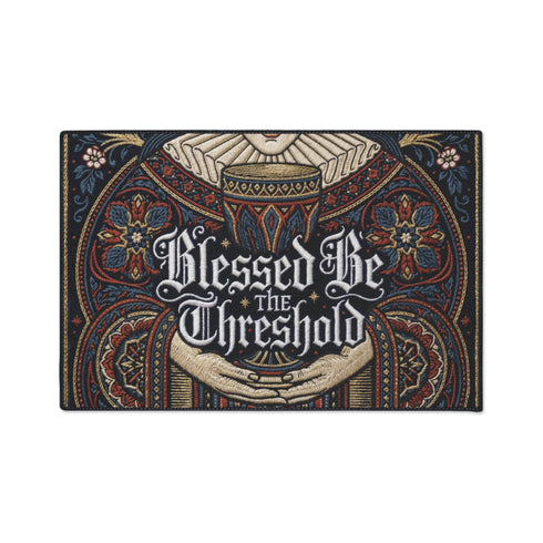 Rectangular navy doormat with a low loop polyester pile and black border trim, printed flat to imitate hand embroidery and crewelwork. Two pale hands offer a golden chalice at the center, with white rays streaming from the cup. Ornate white lettering across the design reads BLESSED BE THE THRESHOLD. Rust red and antique gold Arts and Crafts botanical arches frame the scene, curving over and around the chalice against the deep navy ground.