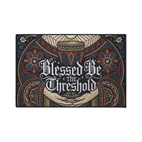 Rectangular navy doormat with a low loop polyester pile and black border trim, printed flat to imitate hand embroidery and crewelwork. Two pale hands offer a golden chalice at the center, with white rays streaming from the cup. Ornate white lettering across the design reads BLESSED BE THE THRESHOLD. Rust red and antique gold Arts and Crafts botanical arches frame the scene, curving over and around the chalice against the deep navy ground.