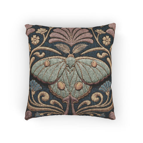 Square 17 by 18 inch jacquard woven throw pillow, woven identically on both faces and closed with a clean finished edge. A symmetrical Art Nouveau luna moth in pale sage green spreads its wings at the center of a deep teal ground. Gold scrollwork, dusty mauve palmette fans, French blue blossoms, and small cream flowers frame the moth. The design is woven flat into the cotton blend cloth, with visible thread texture across the motif and a soft sheen in the ground weave.