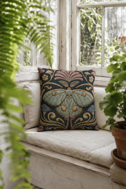 Square 17 by 18 inch jacquard woven throw pillow, woven identically on both faces and closed with a clean finished edge. A symmetrical Art Nouveau luna moth in pale sage green spreads its wings at the center of a deep teal ground. Gold scrollwork, dusty mauve palmette fans, French blue blossoms, and small cream flowers frame the moth. The design is woven flat into the cotton blend cloth, with visible thread texture across the motif and a soft sheen in the ground weave.
