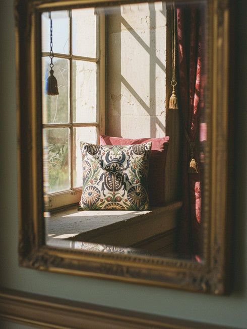 Square 17 by 18 inch jacquard woven throw pillow, woven identically on both faces and closed with a clean finished edge. On a natural cream ecru ground, a horned scarab beetle with gold filigree scrollwork on its shell sits at the center, flanked by two evil eye medallions with sapphire blue centers in sunburst halos. Two smaller scarabs, sage green acanthus vines, and crimson berries frame the edges. The design is woven flat into the cotton blend cloth with visible thread texture.