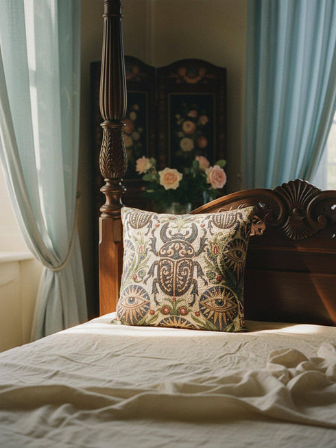 Square 17 by 18 inch jacquard woven throw pillow, woven identically on both faces and closed with a clean finished edge. On a natural cream ecru ground, a horned scarab beetle with gold filigree scrollwork on its shell sits at the center, flanked by two evil eye medallions with sapphire blue centers in sunburst halos. Two smaller scarabs, sage green acanthus vines, and crimson berries frame the edges. The design is woven flat into the cotton blend cloth with visible thread texture.