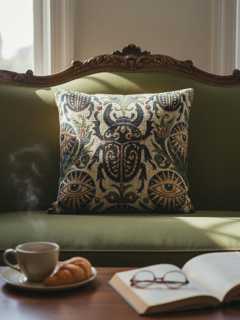 Square 17 by 18 inch jacquard woven throw pillow, woven identically on both faces and closed with a clean finished edge. On a natural cream ecru ground, a horned scarab beetle with gold filigree scrollwork on its shell sits at the center, flanked by two evil eye medallions with sapphire blue centers in sunburst halos. Two smaller scarabs, sage green acanthus vines, and crimson berries frame the edges. The design is woven flat into the cotton blend cloth with visible thread texture.